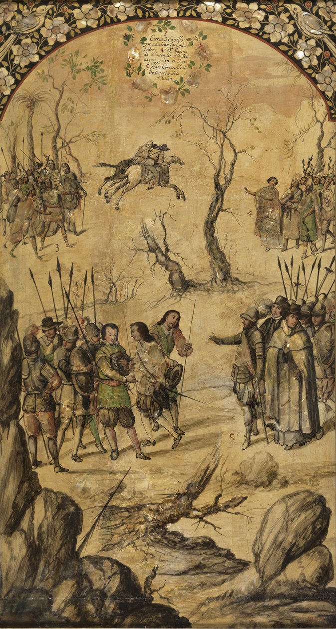 Erobringen af Mexico af Hernan Cortes par Gonzalez, Miguel og Juan (aktiv Slutningen af det 17. århundrede). Olie på træ, størrelse: 97x53 af Miguel and Juan Gonzalez
