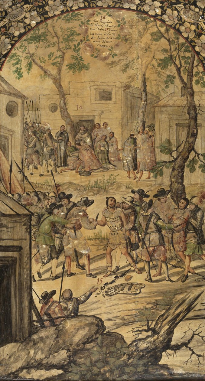 Erobringen af Mexico af Hernan Cortes par Gonzalez, Miguel og Juan (aktiv Slutningen af det 17. århundrede). Olie på træ, størrelse: 97x53 af Miguel and Juan Gonzalez