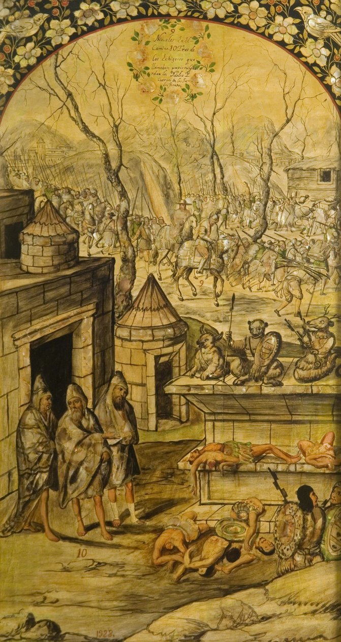 Erobringen af Mexico af Hernan Cortes par Gonzalez, Miguel og Juan (aktiv Slutningen af det 17. århundrede). Olie på træ, størrelse: 97x53 af Miguel and Juan Gonzalez