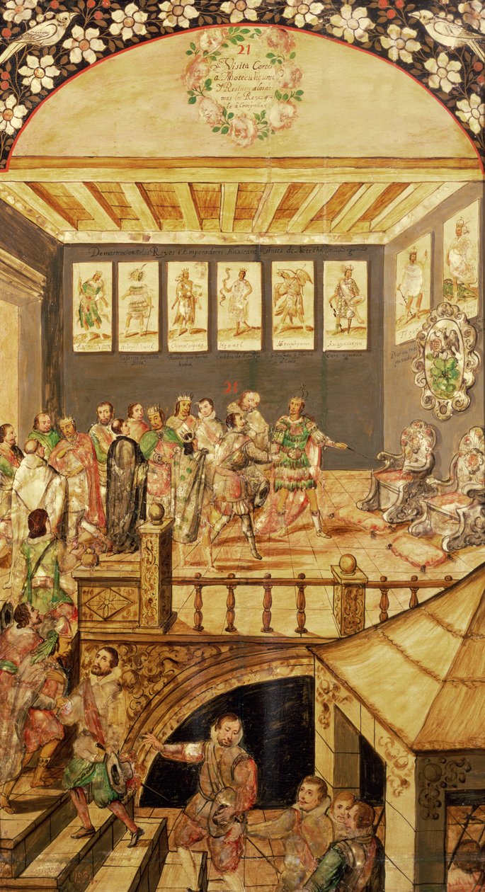 Erobringen af Mexico: Besøget af Hernando Cortes (1485-1547) i Montezuma (1466-1520) i 1520, 1698 af Miguel and Juan Gonzalez