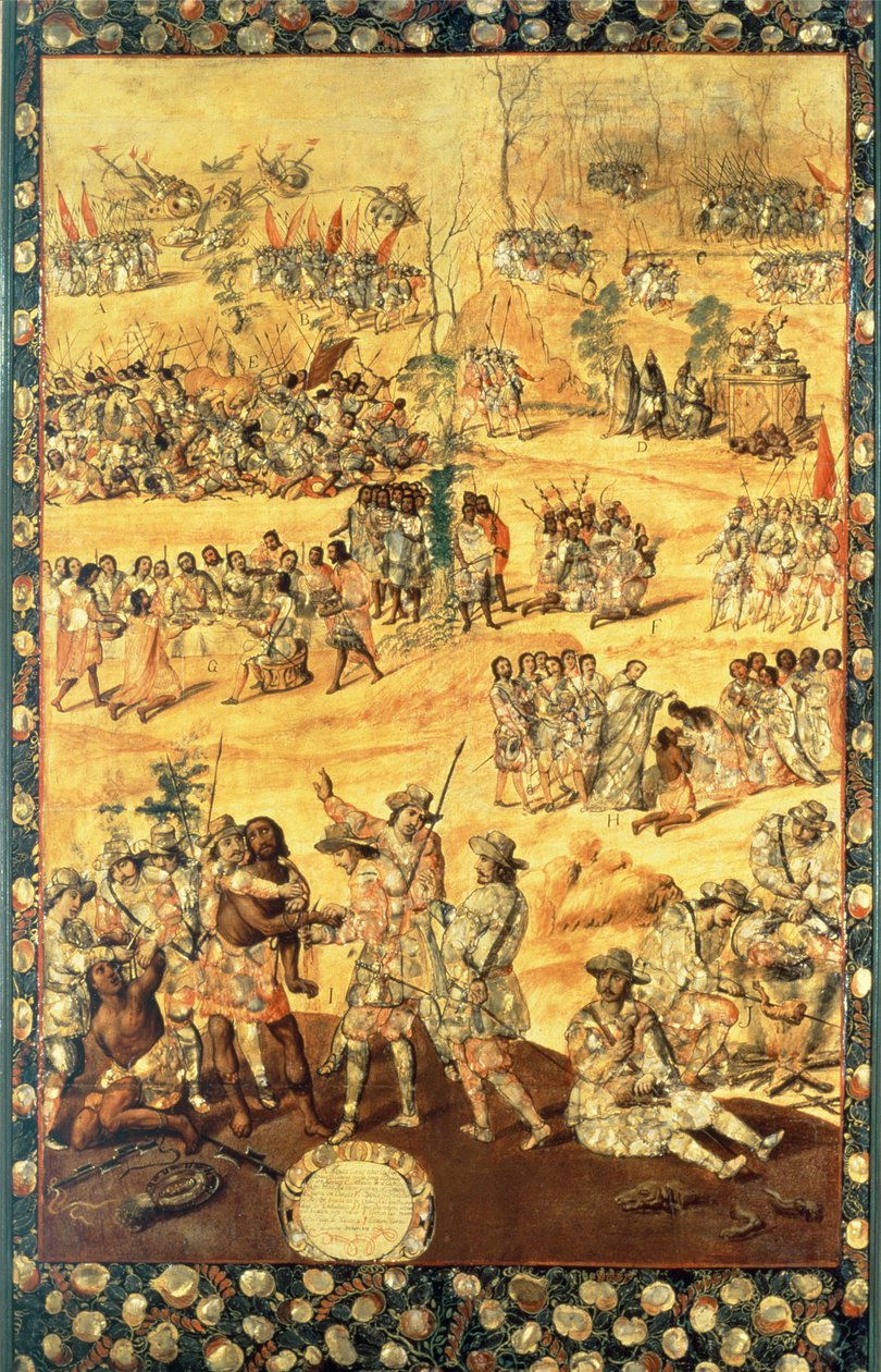 Mødet mellem Hernando Cortes (1485-1547) og Montezuma (1466-1520), panel fra erobringen af Mexico af Miguel and Juan Gonzalez