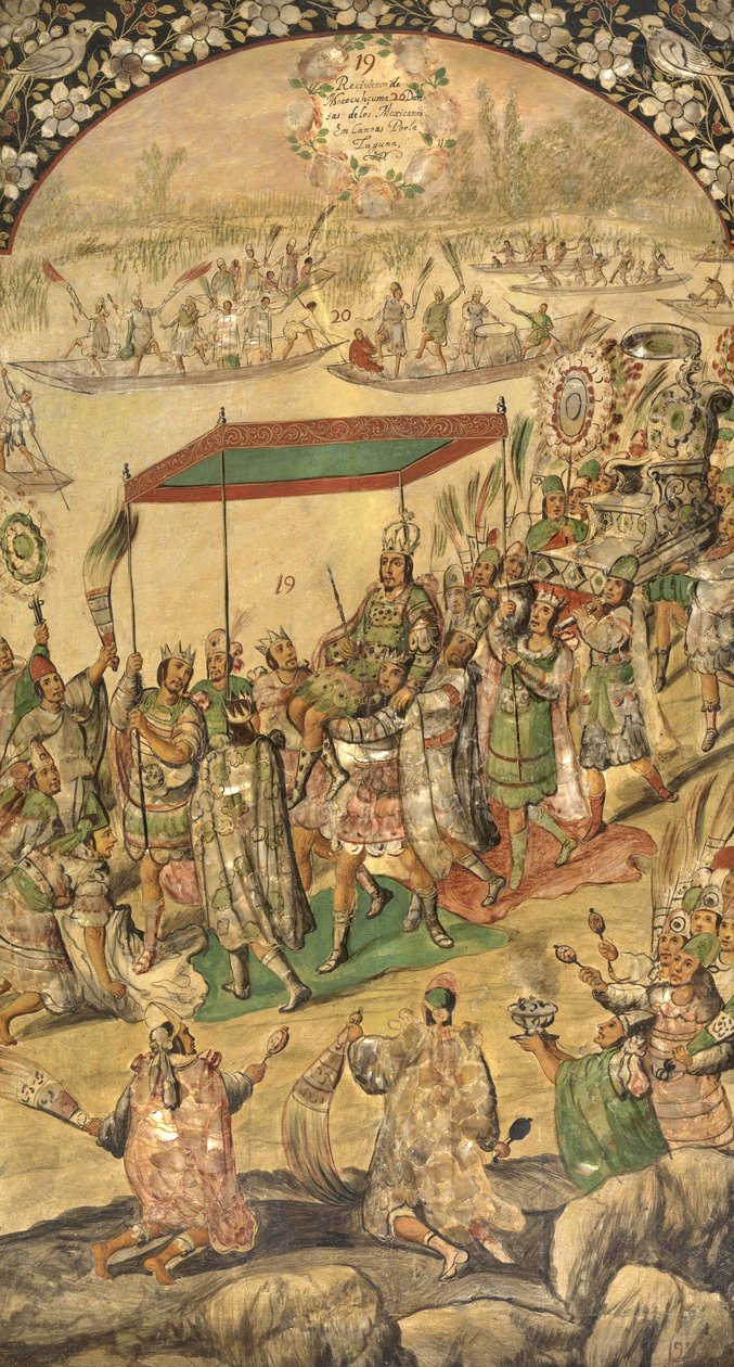 The Welcome of Montezuma (Moctezuma, Moteuczoma, Motecuhzoma)(1466-1520) - Erobringen af Mexico af Hernan Cortes par Gonzalez, Miguel og Juan (aktiv Slutningen af det 17. århundrede). Olie på træ, størrelse: 97x53 af Miguel and Juan Gonzalez