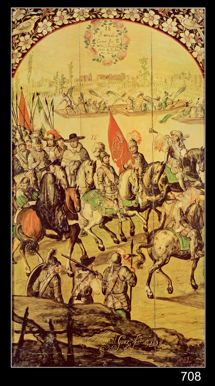 Mødet mellem Hernando Cortes (1485-1547) og Montezuma (1466-1520) 1698 af Miguel and Juan Gonzalez