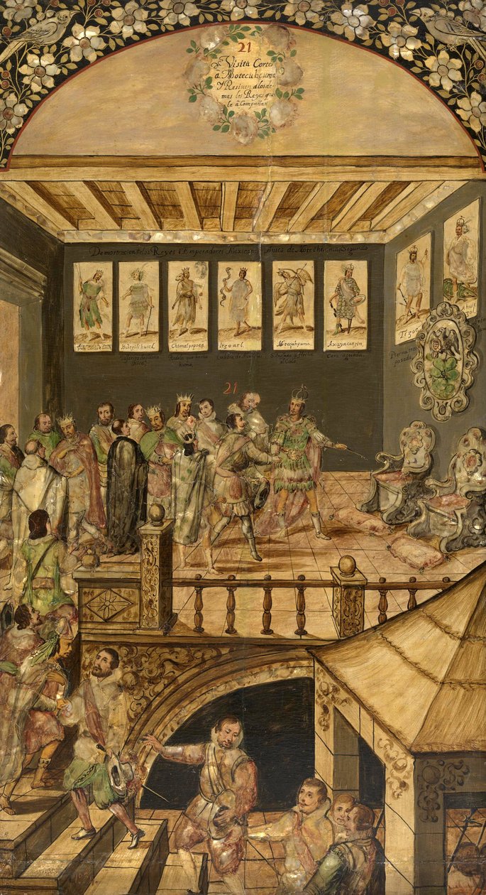 besøget af Hernando Cortes (1485-1547) til Montezuma (Moctezuma, Moteuczoma, Motecuhzoma) (1466-1520) i 1520 - Erobringen af Mexico af Hernan Cortes par Gonzalez, Miguel og Juan (aktiv Slutningen af det 17. århundrede). Olie på træ, størrelse: 97x53 af Miguel and Juan Gonzalez