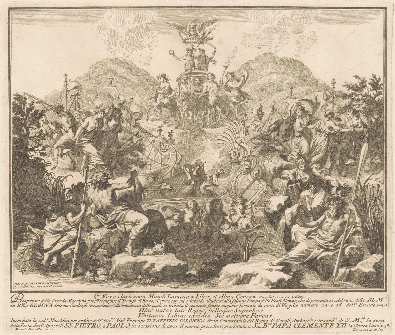 Seconda Macchina for Kina af 1738: Bacchus og Ceres triumf af Miguel de Sorellò, after Carl Marcus Tuscher