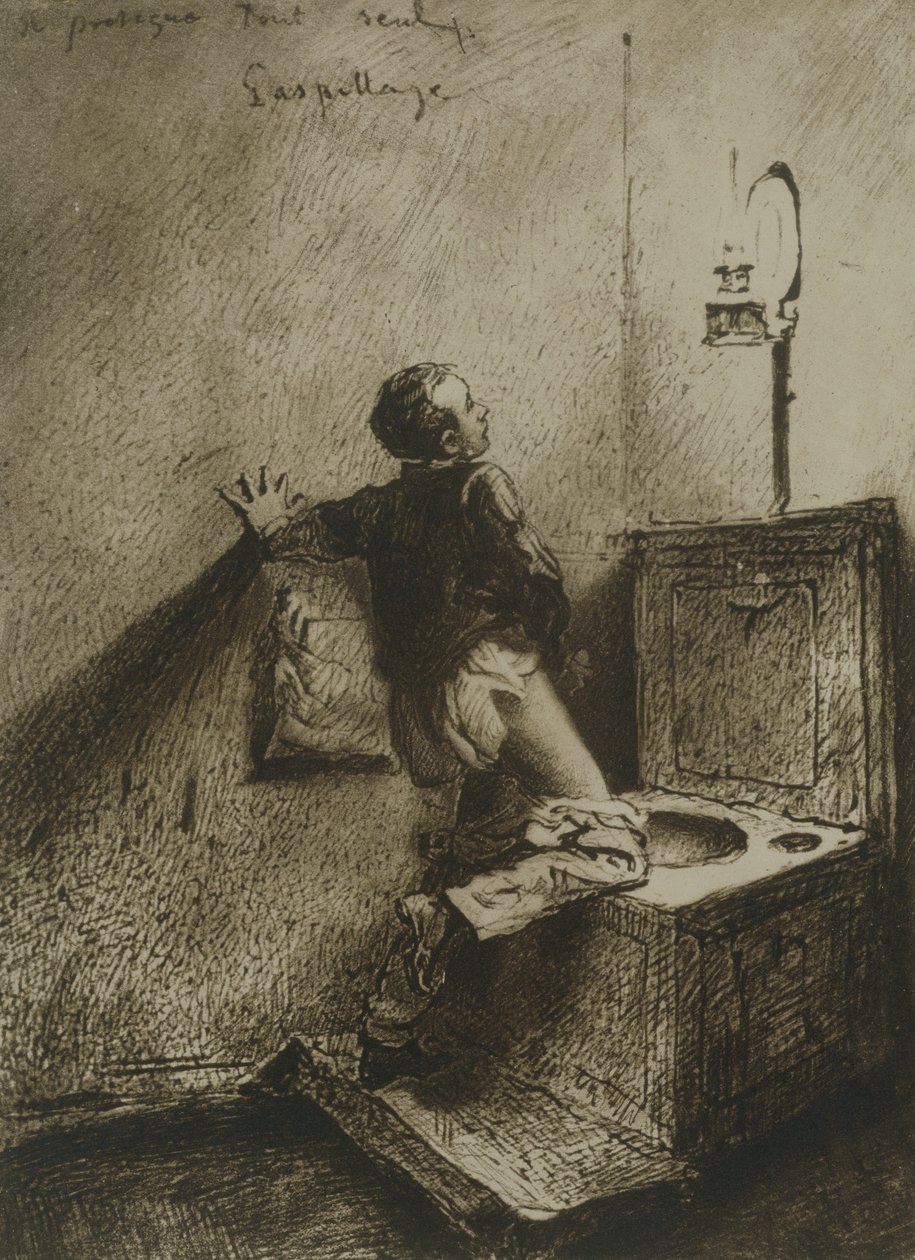 Dreng onanerer på et toilet, tallerken 19 fra Liebe (Love) pub. 1901 i Leipzig (heliogravure) af Mihaly von Zichy