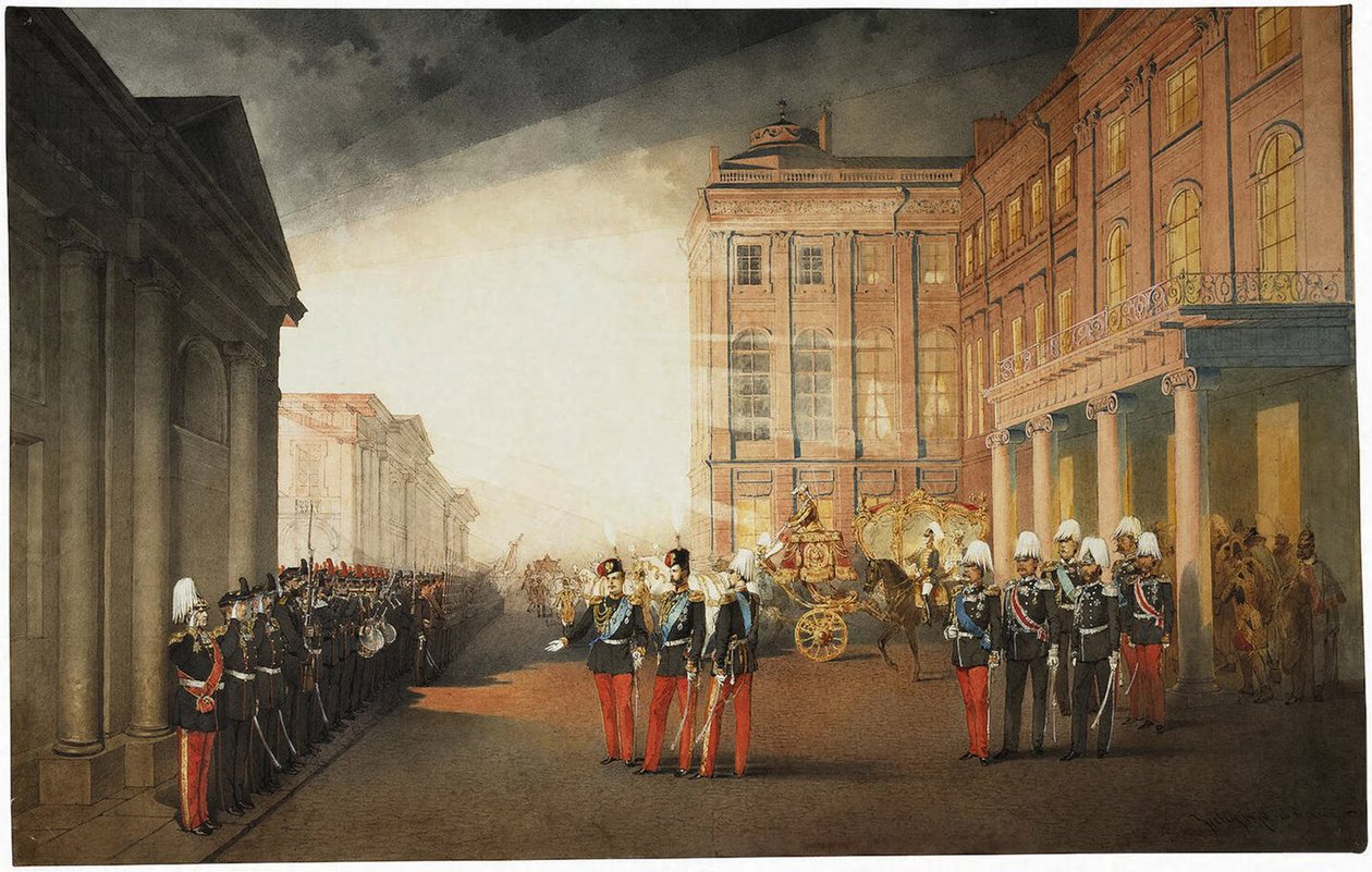 Parade foran Anichkov-paladset den 26. februar 1870, 1870 af Mihaly von Zichy