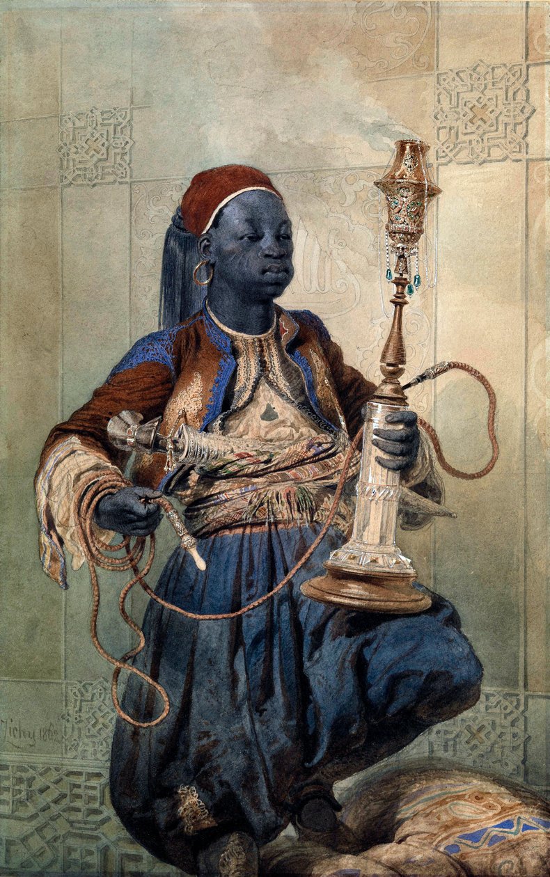 ""Portræt af Nubian with a Waterpipe"" (Nubian with a Waterpipe) Akvarel af Mihaly Zichy (1827-1906) 1862 Dim 49,5x31 cm Privat samling af Mihaly von Zichy