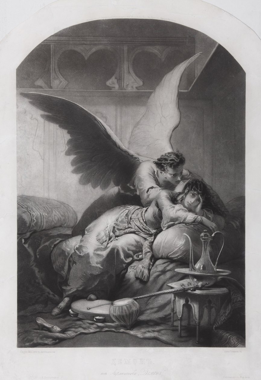 Tamara og Dæmon. Illustration til digtet Dæmonen af Mikhail Lermontov, ca. 1880 af Mihaly von Zichy