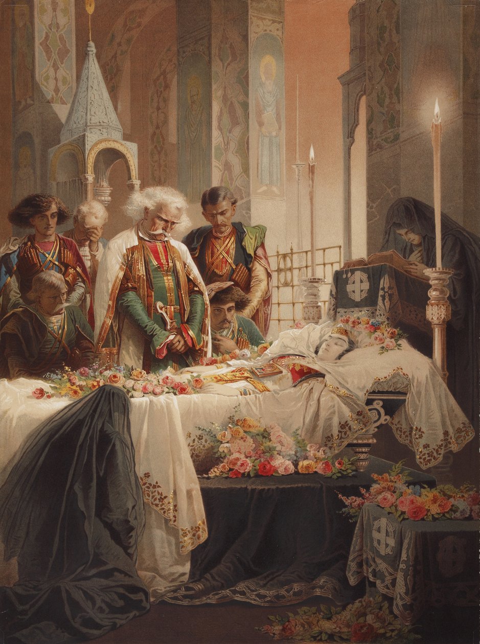 Tamara i kisten. Illustration til digtet Dæmonen af Mikhail Lermontov, ca. 1880 af Mihaly von Zichy
