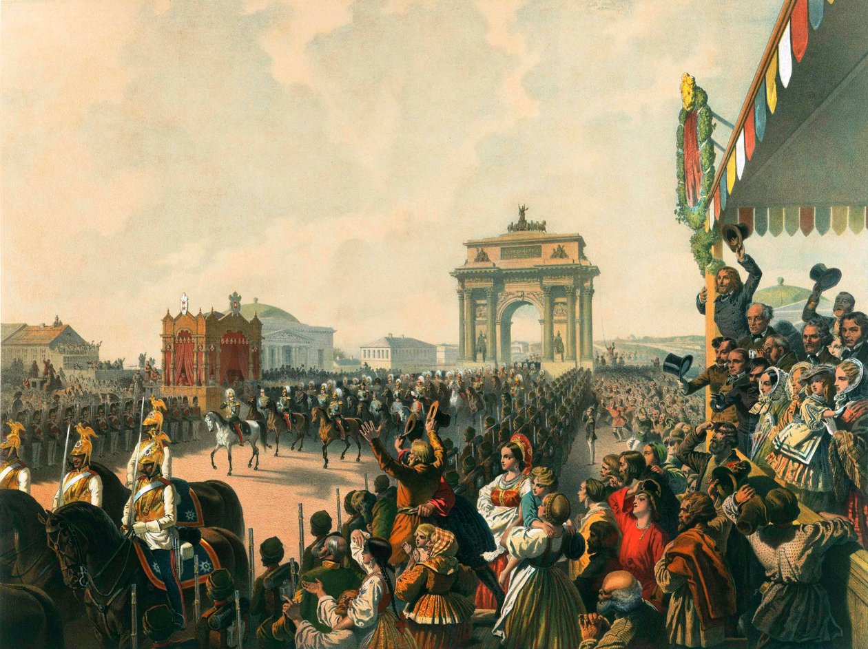 Deres Majestæter Alexander IIs og Maria Alexandrovnas triumferende indtog i Moskva, 1856. af Mihaly von Zichy