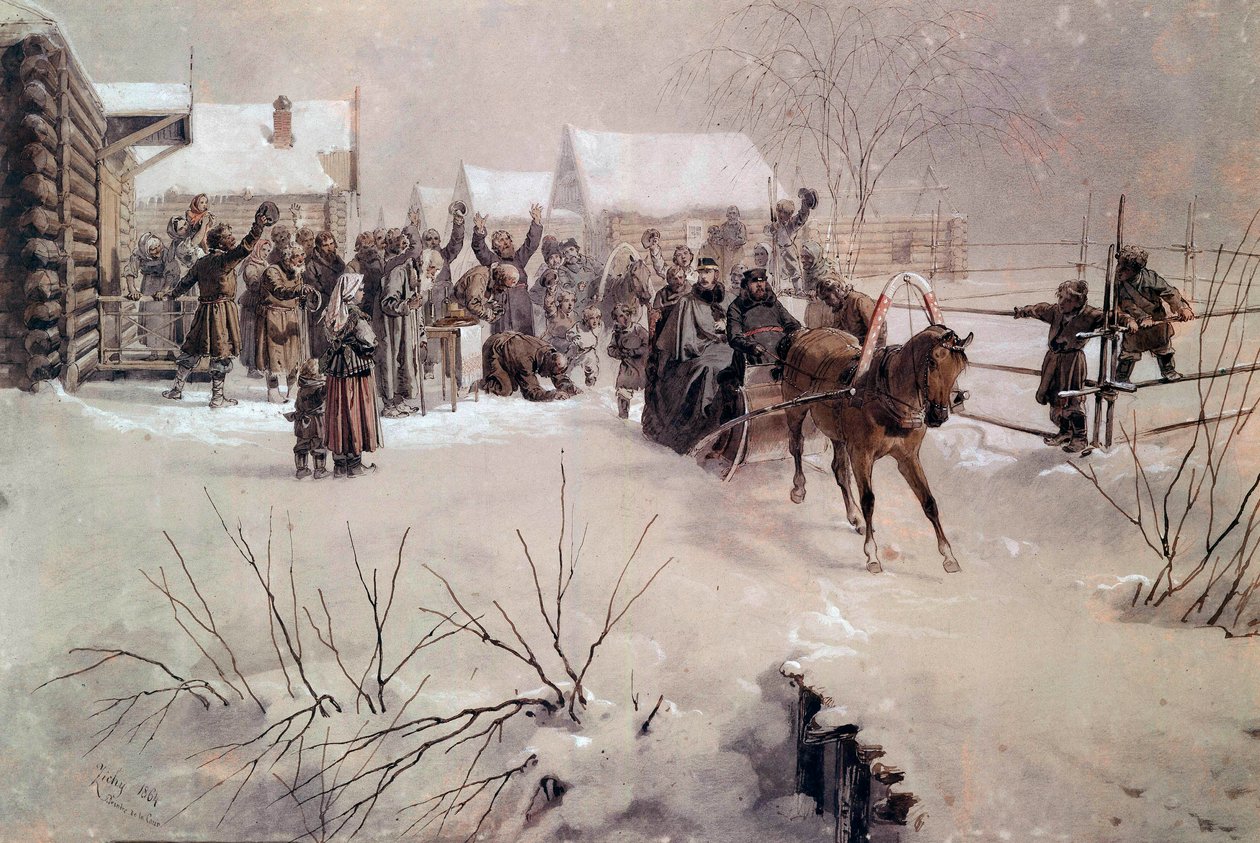 Zar Alexander II (1818-1881) i en slæde krydser en landsby under sne Akvarel af Mihaly von Zichy (1827-1906) Sankt Petersborg fra det 19. århundrede, Chateau de Peterhof af Mihaly von Zichy
