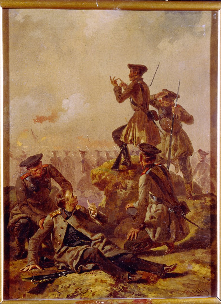 En scene fra Krimkrigen (1853-1856). Bag linjen af ​​fronttropperne observerer officerer, hvoraf en er såret, slagmarken. Maleri af Mihaly Zichy (1827-1906), olie på lærred, ca. 1850. Ungarsk kunst af Mihaly von Zichy