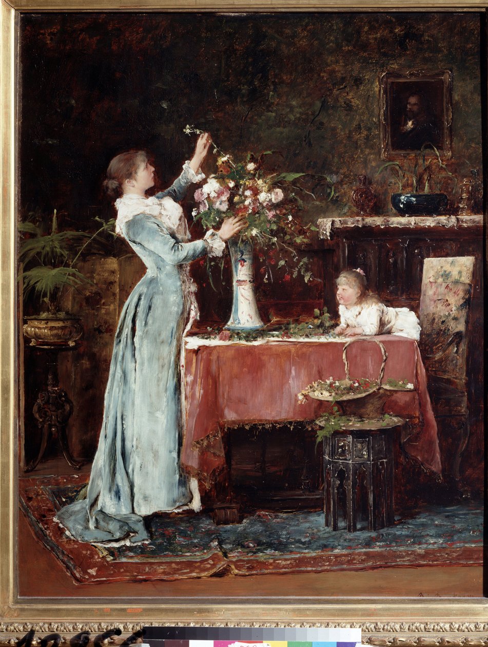 ""La composite du bouquet"" (Komponerer en buket) En middelklassekvinde (ungarsk?) forbereder en buket blomster, hendes datter kigger på hende. Maleri af Mihaly Munkacsy (1844-1900) omkring 1880 Pushkin Museum, Moskva af Mihály Munkácsy