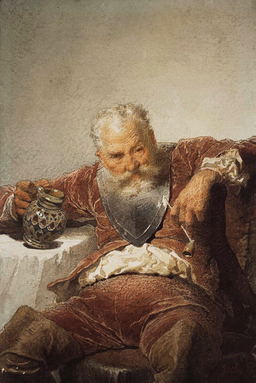 Falstaff med en tankard af vin og en pibe, 1873. af Mihály Zichy