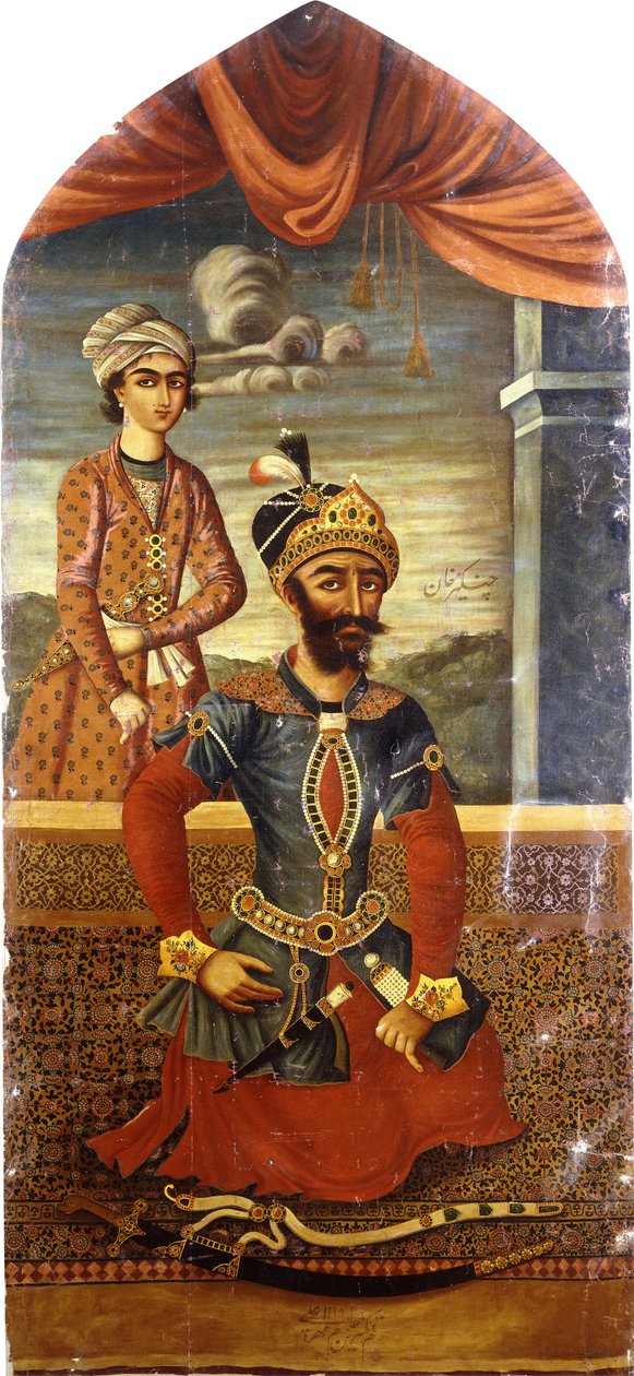 Portræt af Djengis Khan, med en tilstedeværende ung, ca. 1803-4 af Mihr Ali