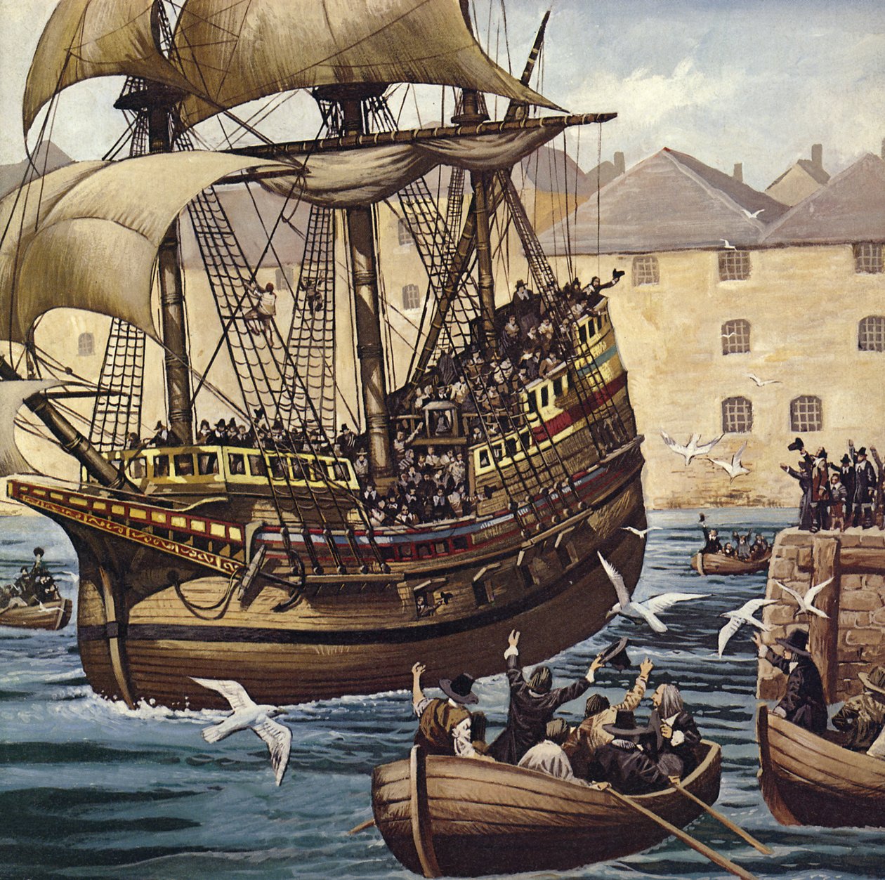 Westward Ho! Mayflower forlader Plymouth Ho den 16. september 1620 (farvelitografi) af Mike (20th century) White