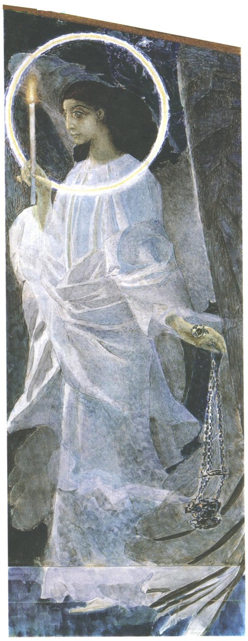 Engel med et lys, 1887 (wc, blyant og lak på papir) af Mikhail Aleksandrovich Vrubel