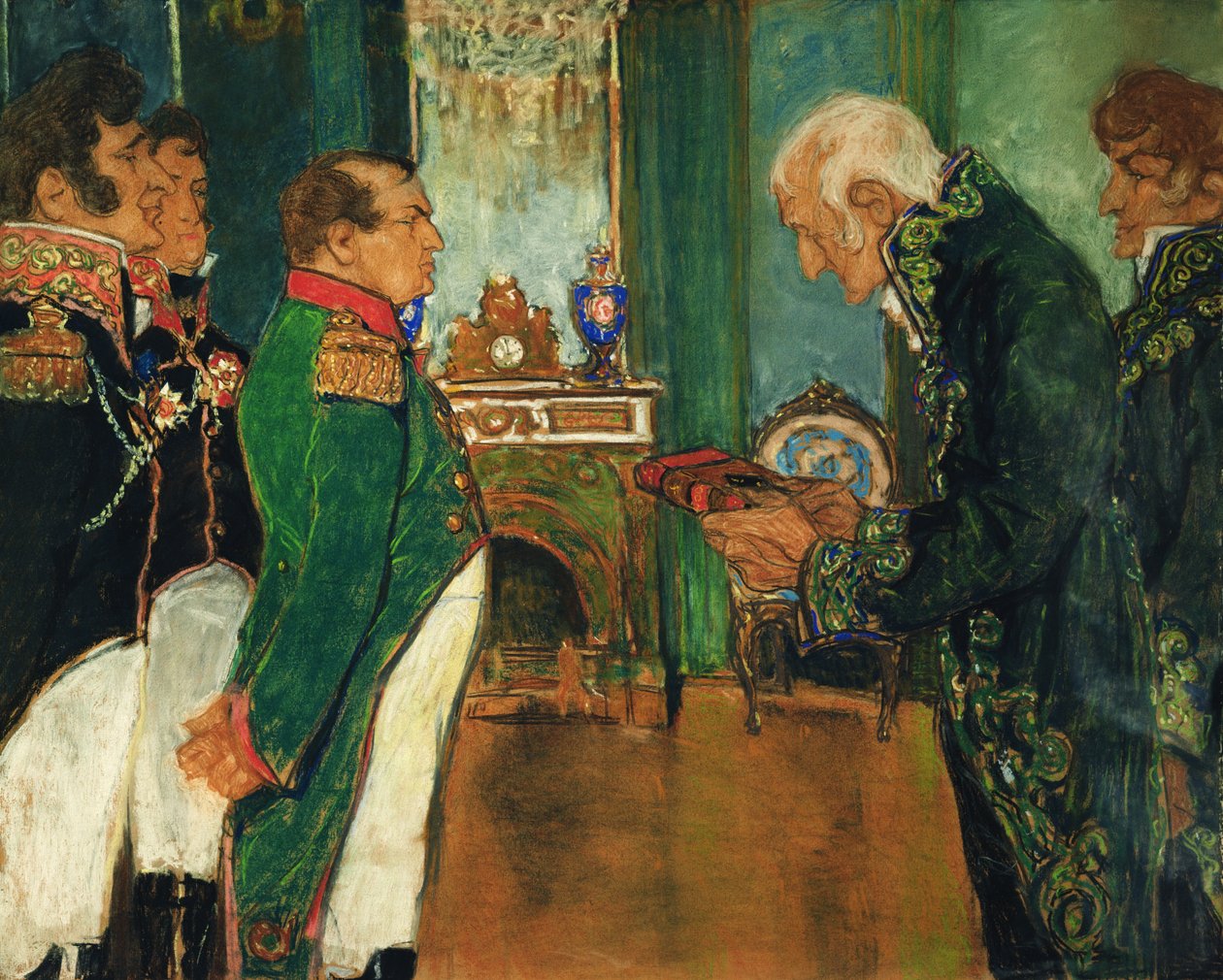 Jean-Baptiste de Lamarck overrækker bogen Zoological Philosophy til kejser Napoleon Bonaparte, 1920 pastel på papir af Mikhail Dmitrievich Ezuchevsky