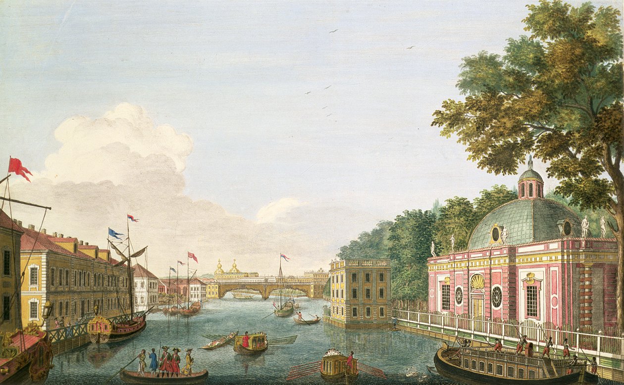 Udsigt over Fontanka-floden fra grotten og gæstepaladset, ætset af Grigory Anikievich Kachalov (171112-1759), 1753 (ætsning med gravering) af Mikhail Ivanovich Makhaev