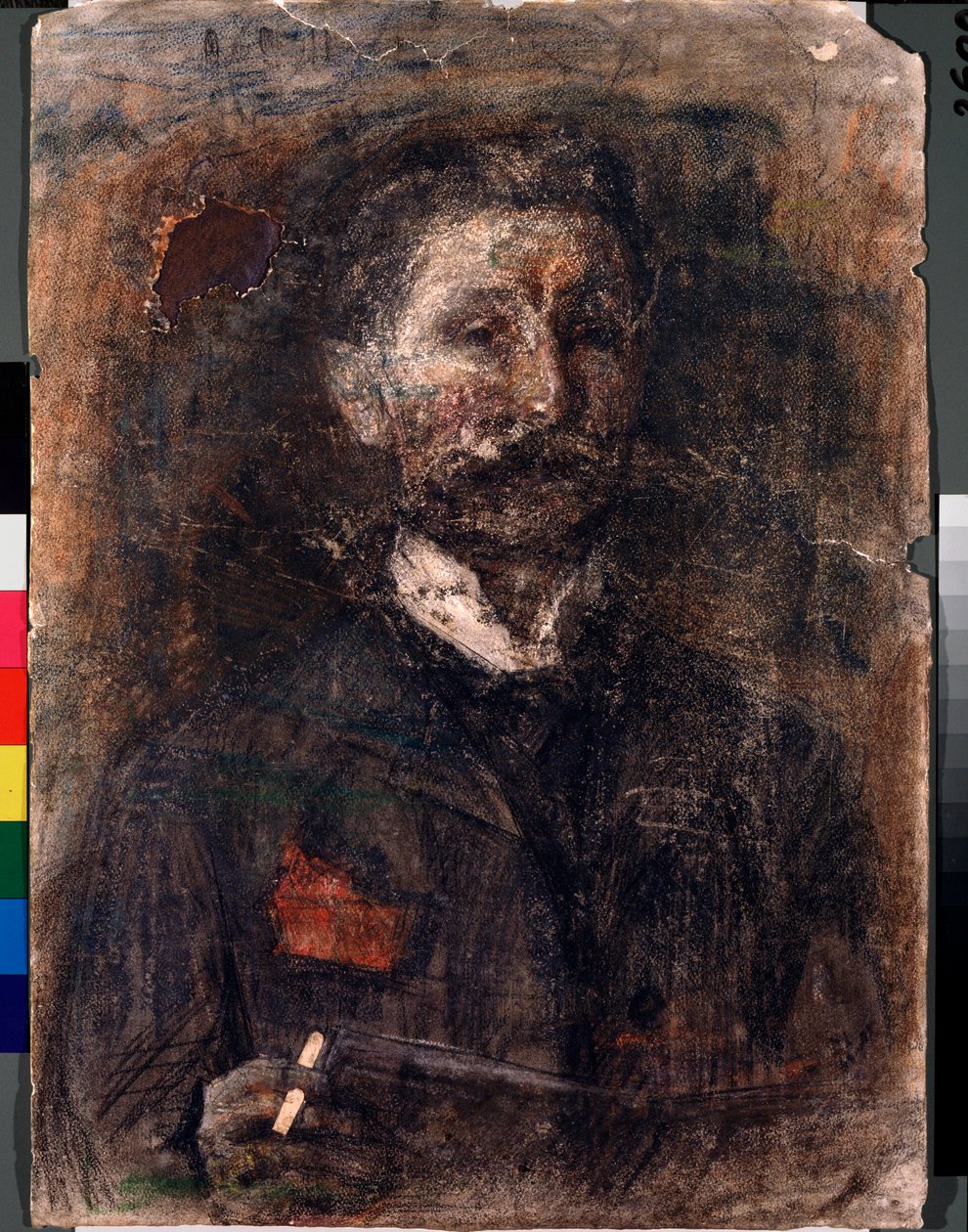 Autoportræt (Selvportræt) - Værk af Mikhail Alexandrovich Vrubel (Vrubel) (1856-1910), kul, pastel og sangvin på pap af Mikhail Aleksandrovich Vrubel