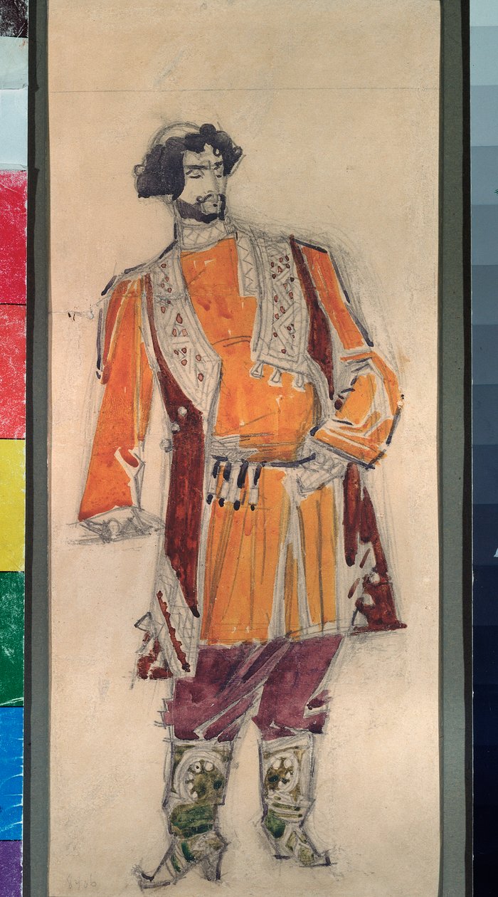 Mandligt forberedende kostume til operaen "Tsarens brud"" af Nicholas (Nikolai) Rimsky Korsakov (Rimsky-Korsakov) (1844-1908) (Kostumedesign til operaen zarens brud af N Rimsky Korsakov (Rimsky) -Korsakov) - Mikhail Alexanders værk af Mikhail Aleksandrovich Vrubel