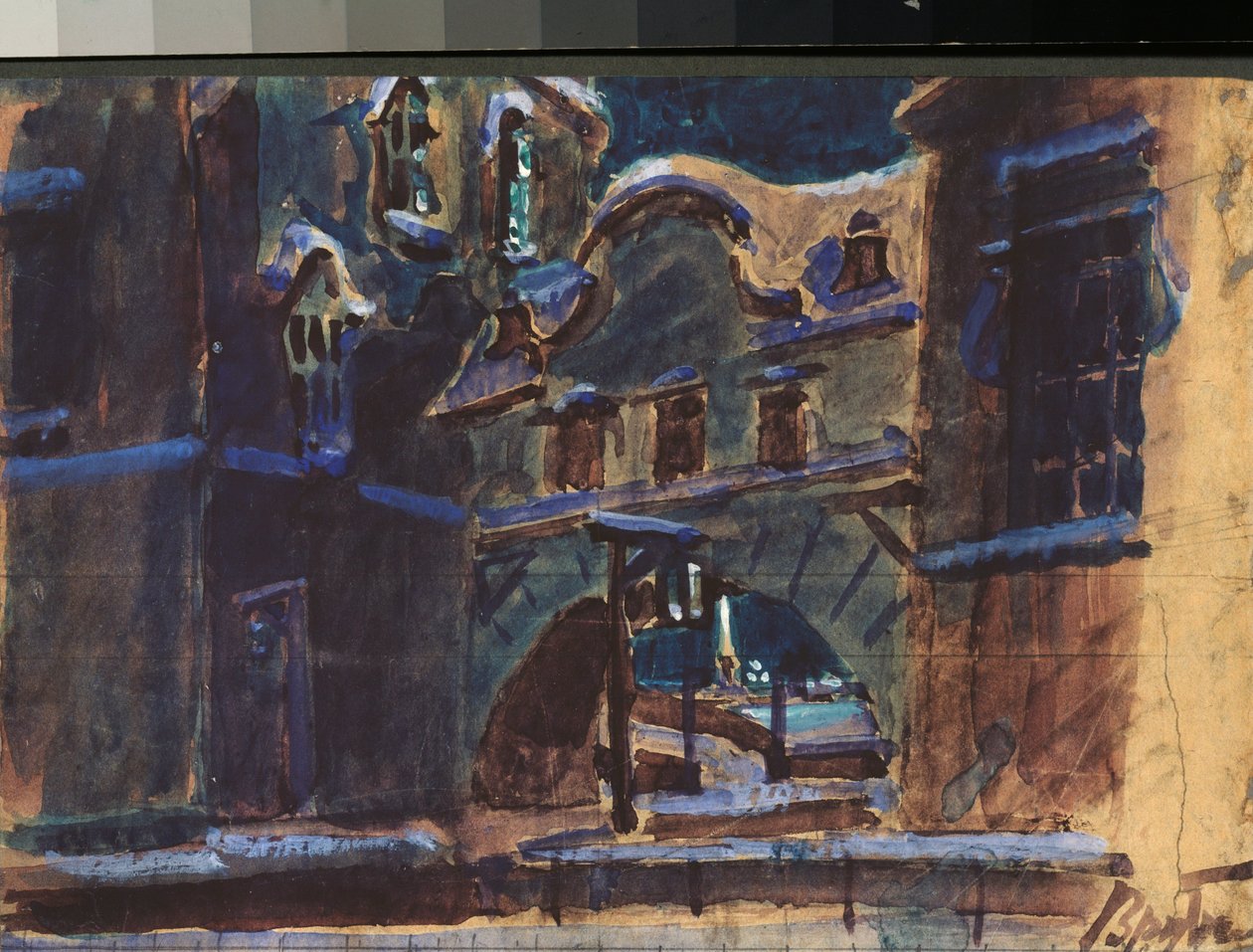 Forberedende indretning til ""Spadedronningen"" af Piotr Tchaikovsky (1840-1893) (Scenedesign til operaen Spadedronningen) - Værk af Mikhail Alexandrovich Vrubel (Vrubel) (1856-1910), blyant og gouache på papir , russisk scenografisk kunst - State Cen af Mikhail Aleksandrovich Vrubel
