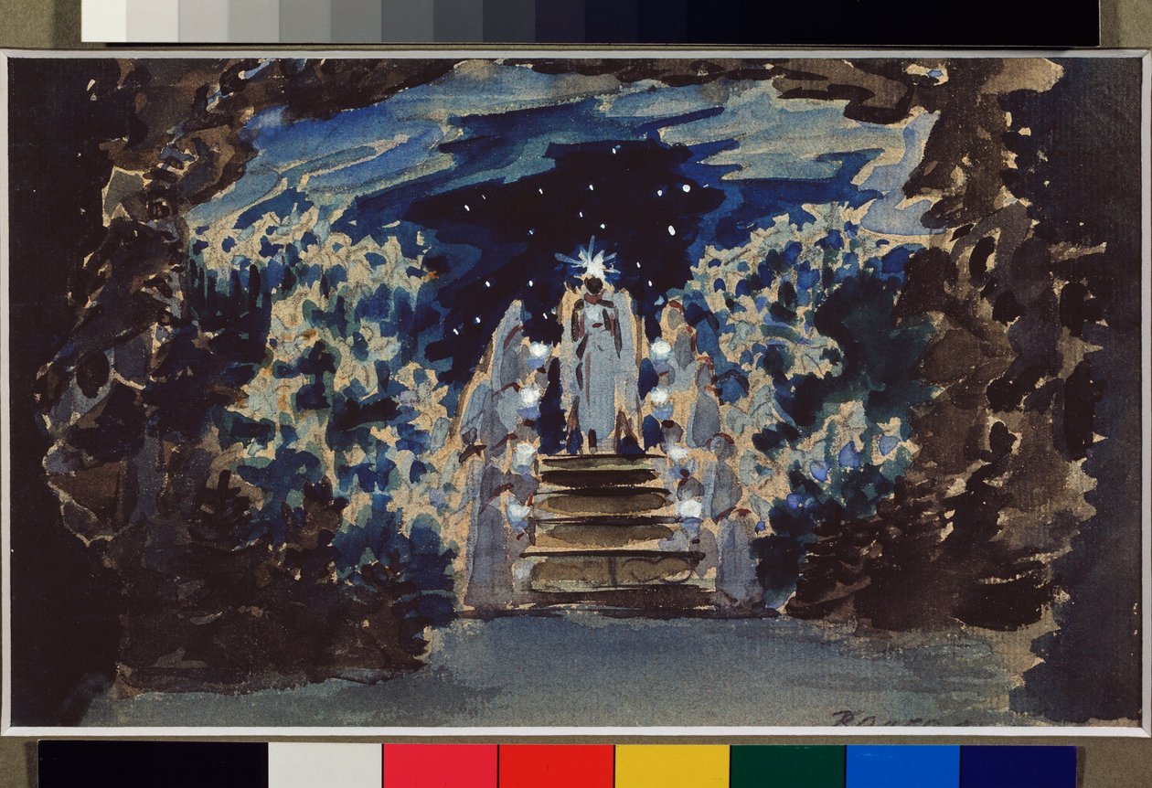 Forberedende indretning til operaen "Hansel og Grete" af Engelbert Humperdinck (1854-1921) (Scenedesign til operaen Hansel And Gretel) - Oeuvre de Mikhail Alexandrovich Vrubel (Vroubel) (1856-1910), farveblyant, aquarelle et gouache på papir af Mikhail Aleksandrovich Vrubel