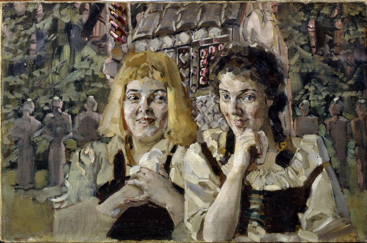 Hans og Grete (Hansel og Grete). Portrætter af de to børn fra fortællingen om brødrene Jacob (1785-1863) og Wilhelm (1786-1859) Grimm, med grådige øjne foran slikhuset. Maleri af Mikhail Alexandrovich Vrubel (Vrubel) (1856-1910), olie på af Mikhail Aleksandrovich Vrubel