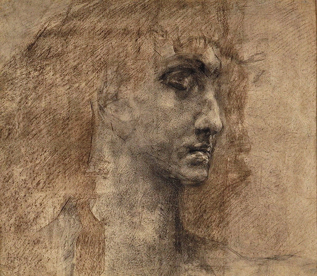 Head of an Angel, 1887 (kul og rød farveblyant på papir) af Mikhail Aleksandrovich Vrubel