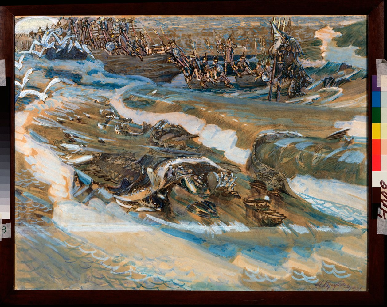 Illustration pour le conte du czar Saltan de Alexandre Pouchkine (1799-1837) (Illustration til eventyret om zaren Saltan af A Pushkin) - Værk af Mikhail Alexandrovich Vrubel (Vrubel) (1856-1910), akvarel, gouache, guld og penge på papir af Mikhail Aleksandrovich Vrubel
