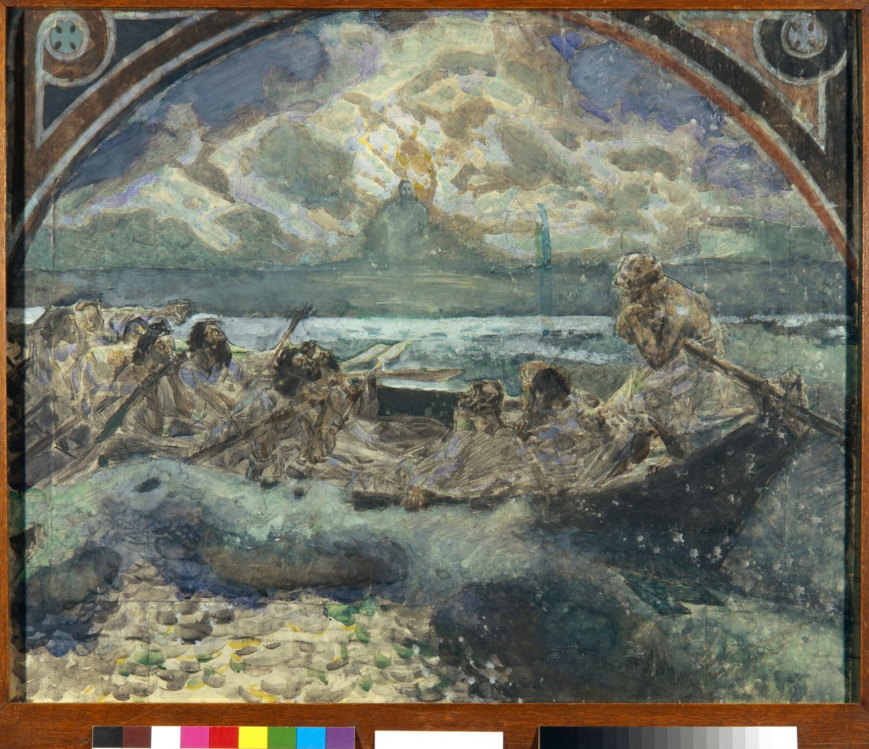 Jesus går på vandet (Jesus går på vandet) - Værk af Mikhail Alexandrovich Vrubel (Vrubel) (1856-1910), Akvarel, gouache, blæk og pen på papir af Mikhail Aleksandrovich Vrubel