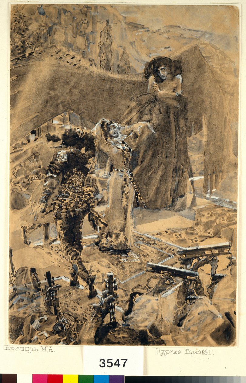 Tamaras dans - Illustration fra digtet ""Dæmonen"" af Mikhail Lermontov (1814-1841) - Kunstværk af Mikhail Alexandrovich Vrubel (Vrubel) (1856-1910) af Mikhail Aleksandrovich Vrubel