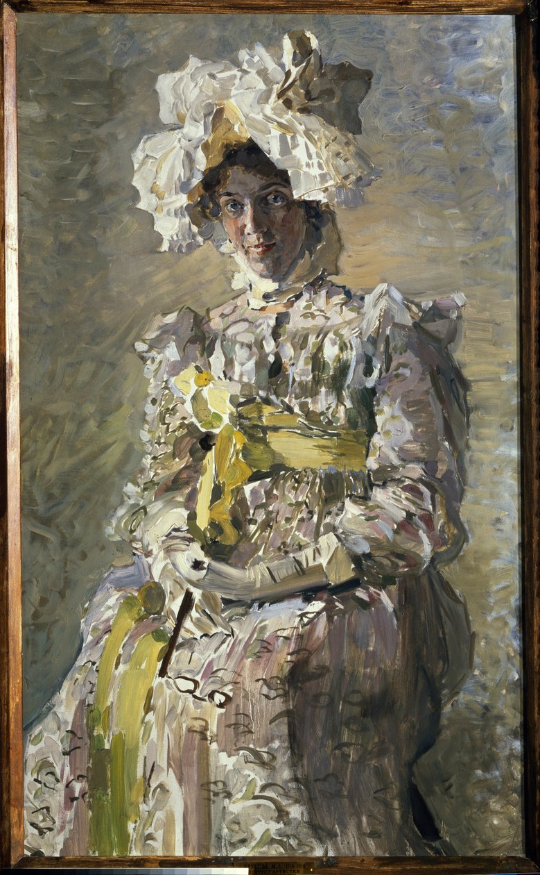 Portræt af Nadezhda Zabela Vrubel i en Empire-kjole. (Kunstnerens hustru). Maleri af Mikhail Alexandrovich Vrubel (Vrubel) (1856-1910), olie på lærred af Mikhail Aleksandrovich Vrubel