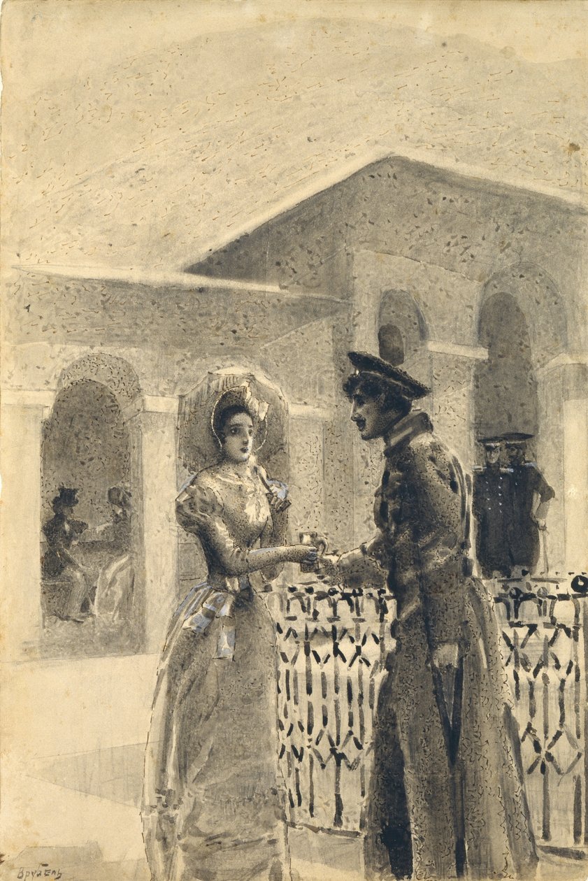 Prinsesse Mary og Grushnitsky. Illustration til romanen A Hero of Our Time af Mikhail Lermontov, 1891 af Mikhail Aleksandrovich Vrubel