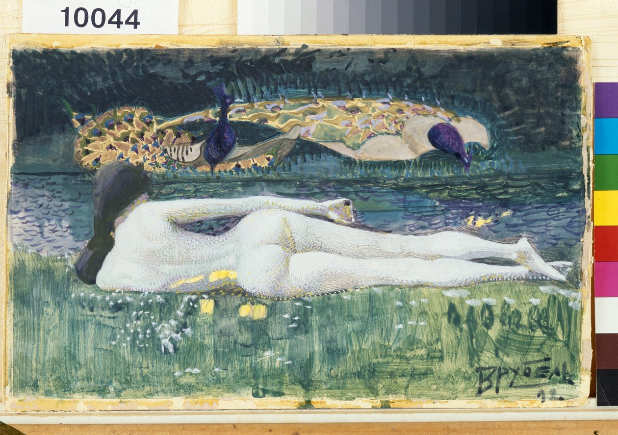 Nøgen kvindelig silhuet, liggende bagfra, ved kanten af ​​vandet - Kunstværk af Mikhail Alexandrovich Vrubel (Vrubel) (1856-1910) af Mikhail Aleksandrovich Vrubel