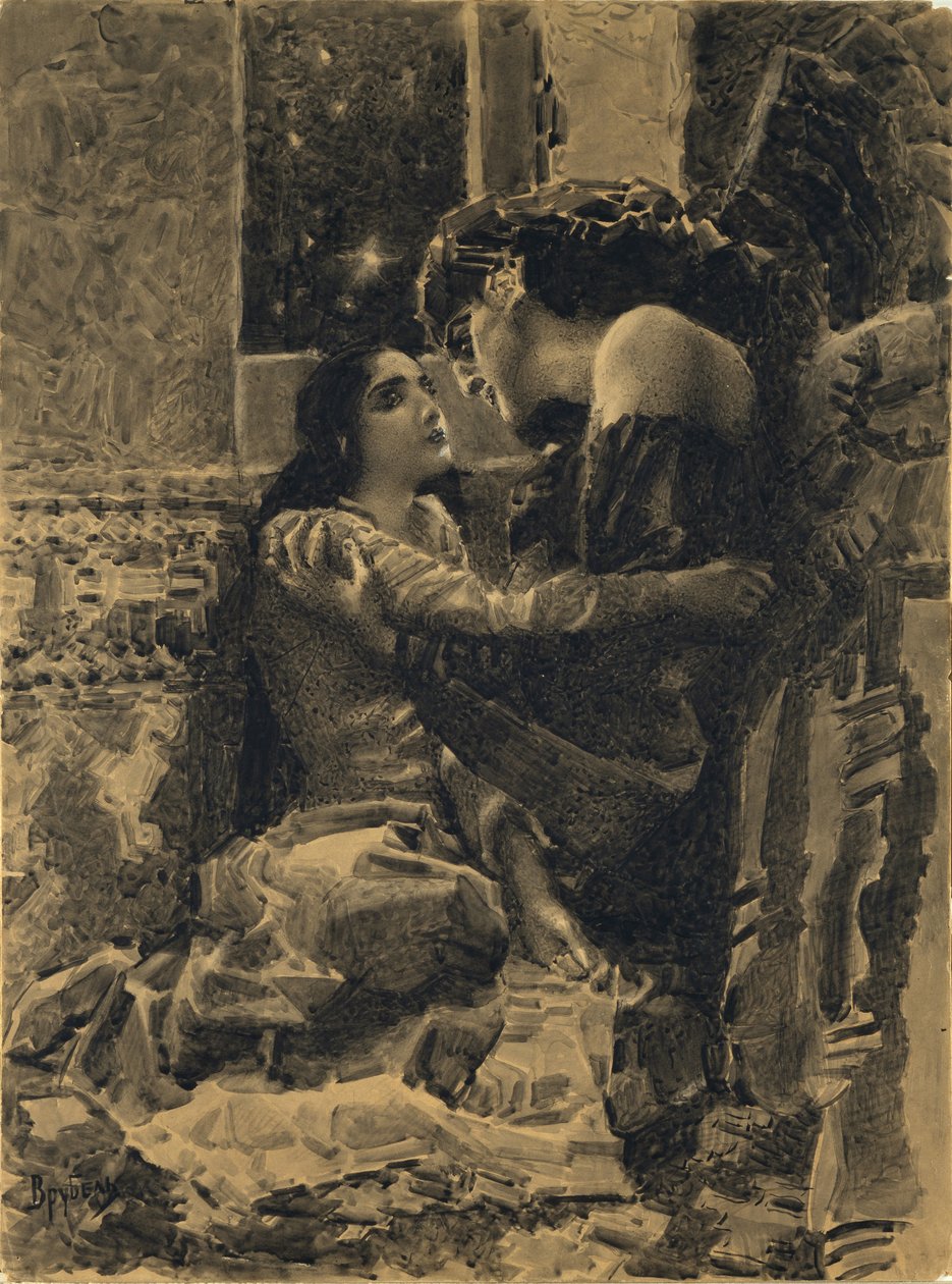 Tamara og Dæmon. Illustration til digtet Dæmonen af Mikhail Lermontov, 1890-1891 af Mikhail Aleksandrovich Vrubel
