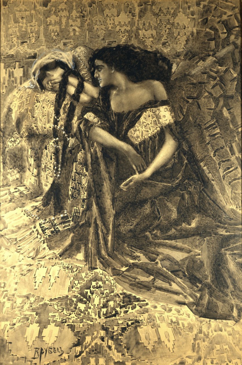 Tamara og Dæmon. Illustration til digtet Dæmonen af Mikhail Lermontov, 1890-1891 af Mikhail Aleksandrovich Vrubel