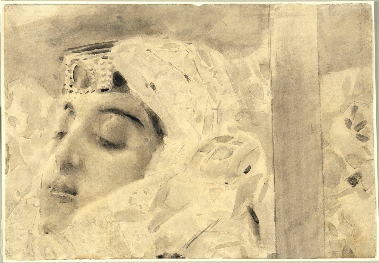 Tamara i en kiste - Illustration fra digtet ""Dæmonen"" af Mikhail Lermontov (1814-1841) - Kunstværk af Mikhail Alexandrovich Vrubel (Vrubel) (1856-1910) af Mikhail Aleksandrovich Vrubel