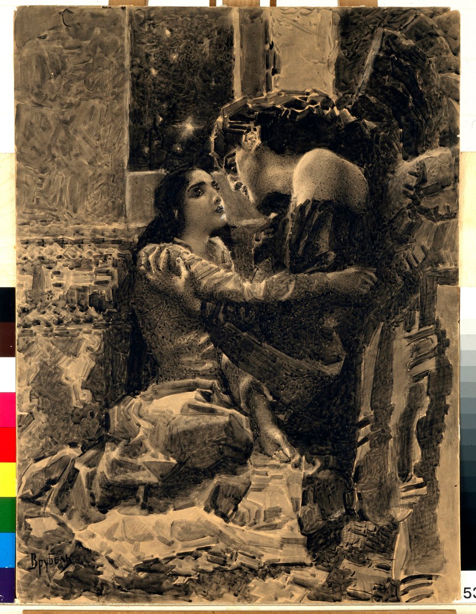 Tamara and the Demon - Illustration fra digtet ""The Demon"" af Mikhail Lermontov (1814-1841) - Kunstværk af Mikhail Alexandrovich Vrubel (Vrubel) (1856-1910) af Mikhail Aleksandrovich Vrubel