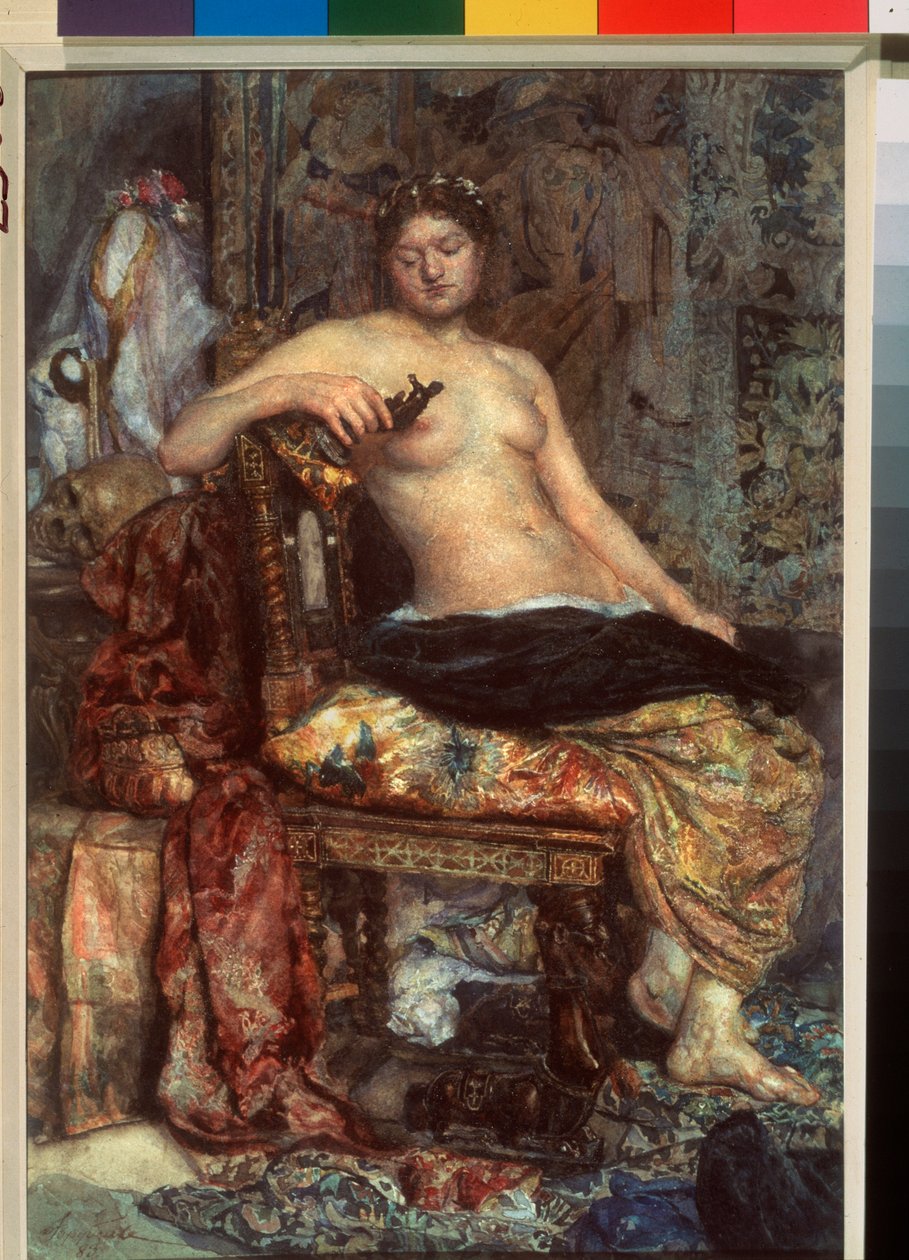 A Model In A Renaissance Furnishing - Værk af Mikhail Alexandrovich Vrubel (Vrubel) (1856-1910), akvarel på papir af Mikhail Aleksandrovich Vrubel