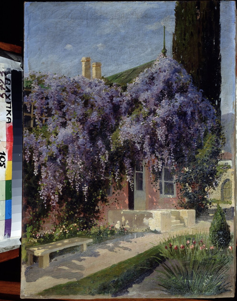Et hus flettet sammen med blåregn. Maleri af Mikhail Alexandrovich Alisov (1859-1933). Olie på lærred, 62,3 x 44,4 cm. Russisk skole i begyndelsen af ​​det 20. århundrede. Museum for arkitektur og kunst, Alupka, Ukraine. ©FineArtImage/Leemage af Mikhail Alexandrovich Alisov