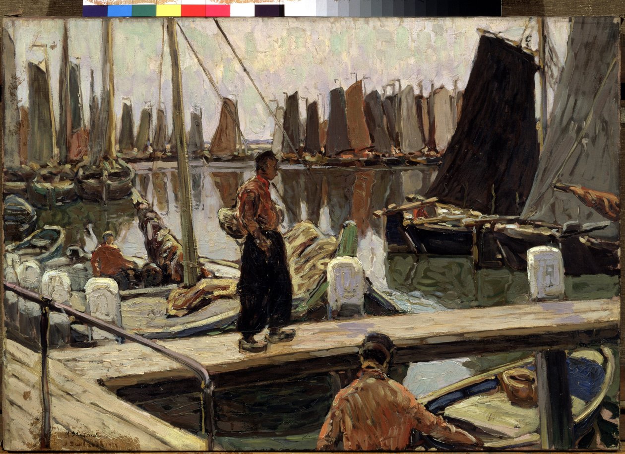 Sejlbåde, stilhed (Sejlbåde, ro). Maleri af Mikhail Alexandrovich Demyanov (1873-1913). Olie på lærred af Mikhail Alexandrovich Demianov