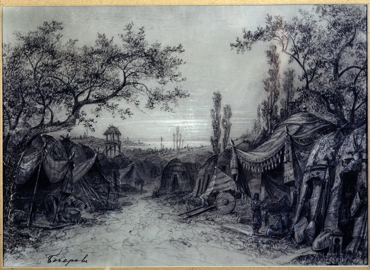 Forberedende indretning til operaen ""Prince Igor"" af Alexandre Borodin (1833-1887) (Scenedesign til operaen ""Prince Igor"" af A.Borodin). En militær lejr af telte, indrammet af træer, med tre figurer, inklusive en musiker. Kunstværk af Mikhail Ily af Mikhail Ilyich Bocharov