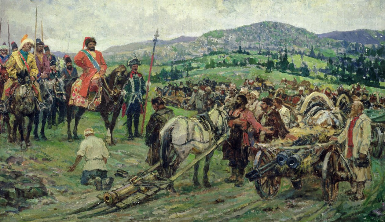 Hjælper lederen af bondeoprøret, Emelyan Pugachev, i Ural (olie på lærred) af Mikhail Ivanovich Avilov