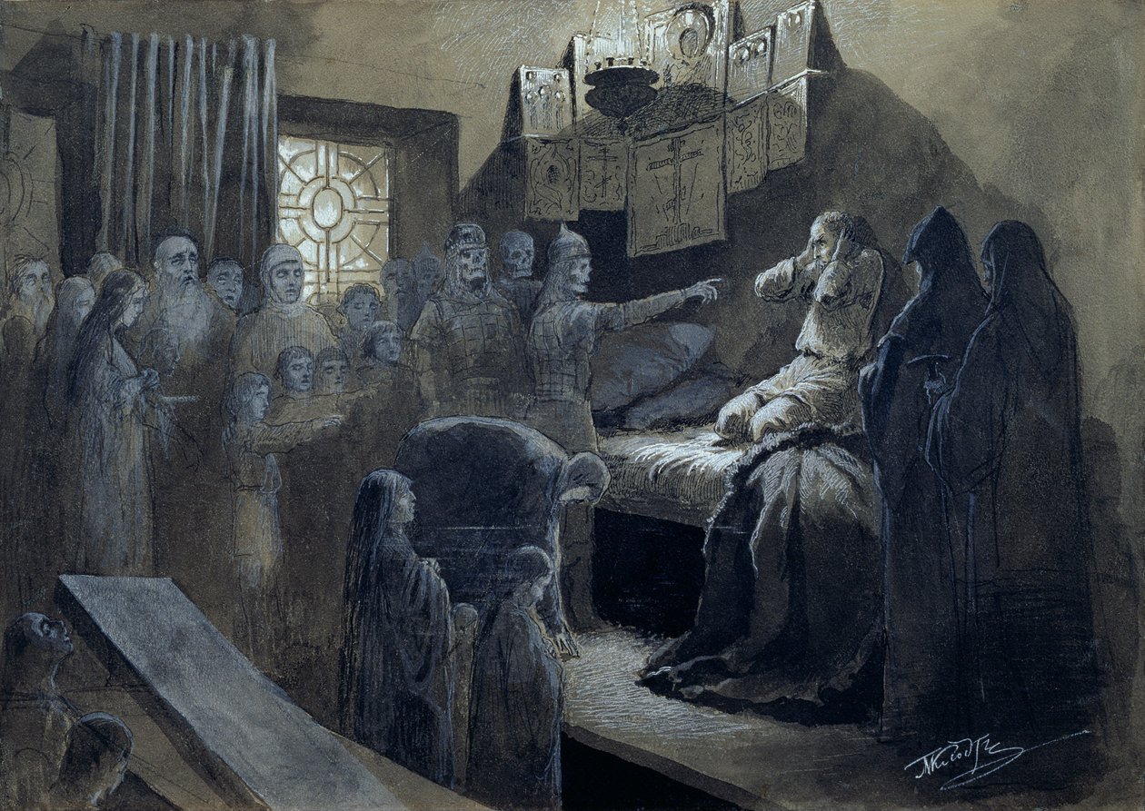 Ivan IV (1530-84) den Forfærdelige besøgt af spøgelserne fra dem, han myrdede (pen og blæk med farve på papir) af Mikhail Konstantinovich Klodt