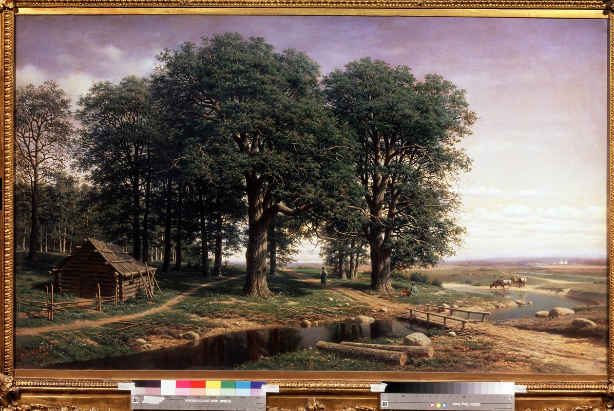 En Chesnaie. (En Egelund). Landskab med høje egetræer og en træhytte, nær en flod, der bugter sig til horisonten, med figurer og køer, der drikker vand. Maleri af Mikhail Konstantinovich Klodt baron von Jurgensburg (Micha af Mikhail Konstantinovitch Clodt von Jurgensburg