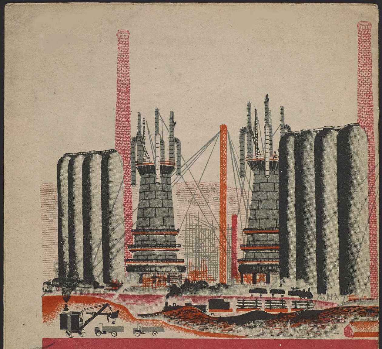 Illustration du livre pour enfants ""Combinat metallurgique Kuznets : un geant socialiste"" - Illustration til børnebogen ""Kuznets Metallurgical Combine: A Socialist Giant"", af Gurevich, Mikhail Lvovich (1904-1943). Farvelitografi af Mikhail Lvovich Gurevich