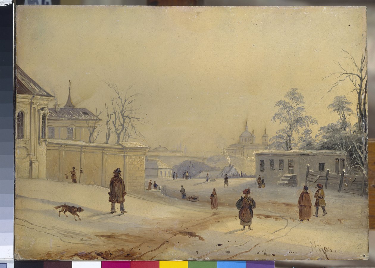 Vladimir Hill i Kiev (Vladimir Hill (Vladimirskaya Gorka) i Kiev). Landskab under sneen. Værk af Mikhail Makarovich Sazhin (1818-1887), olie på pap. 1800-tallet russisk kunst. Det russiske statsmuseum, Sankt Petersborg af Mikhail Makarovich Sazhin