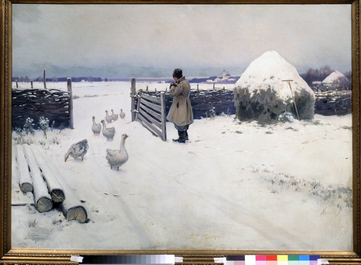 Den første sne er faldet. Maleri af Mikhail Markianovich Germashev (1867-1930), olie på lærred, ca. 1890, russisk kunst fra det 19. århundrede. Statens Tretyakov-galleri, Moskva. af Mikhail Markianovich Germashev